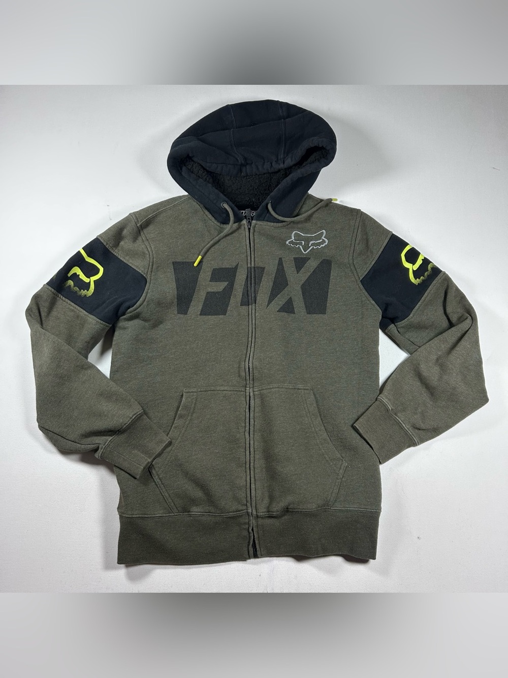 Vintage Fox Racing Deluxe Sherpa-Lined Full Zip Hoodie Men’s M Olive Green Y2k